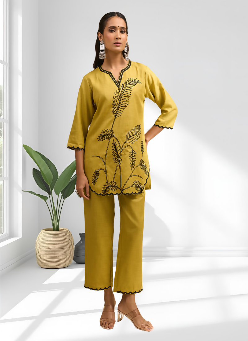 Joban Fashion Yellow Cotton, Linen Embroidered Readymade Cord Set