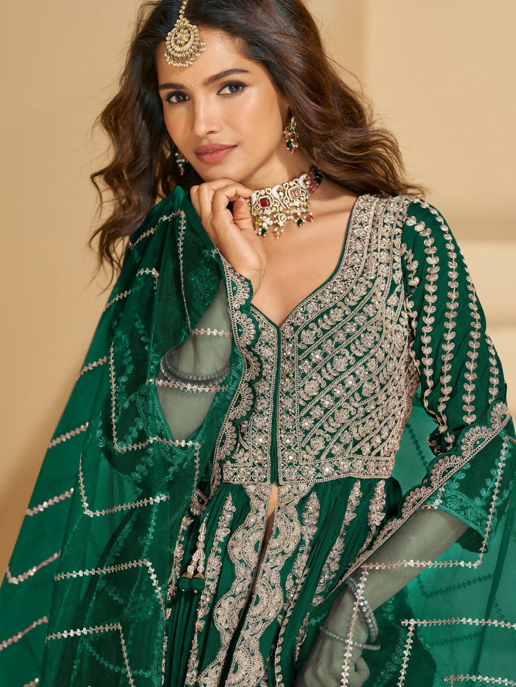 Anaita D Green Chinon Readymade Anarkali Lehenga with Heavy Embroidery Work