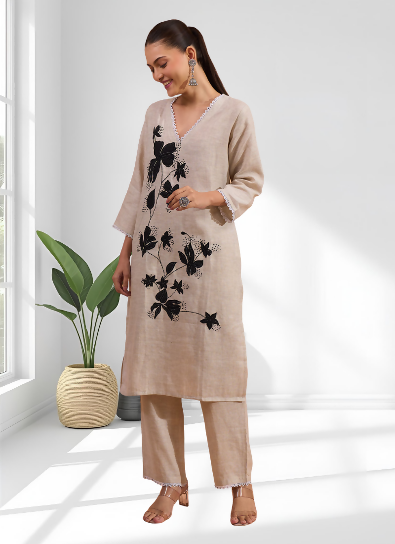 Joban Fashion Beige Linen Embroidered Readymade Long Kurta With Pant