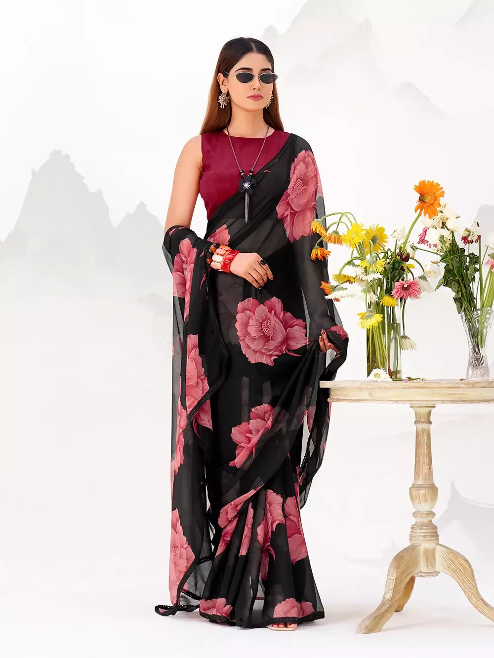 Vastranavya Black Floral Print with Lace Border work Chiffon Saree & Unstitched Blouse