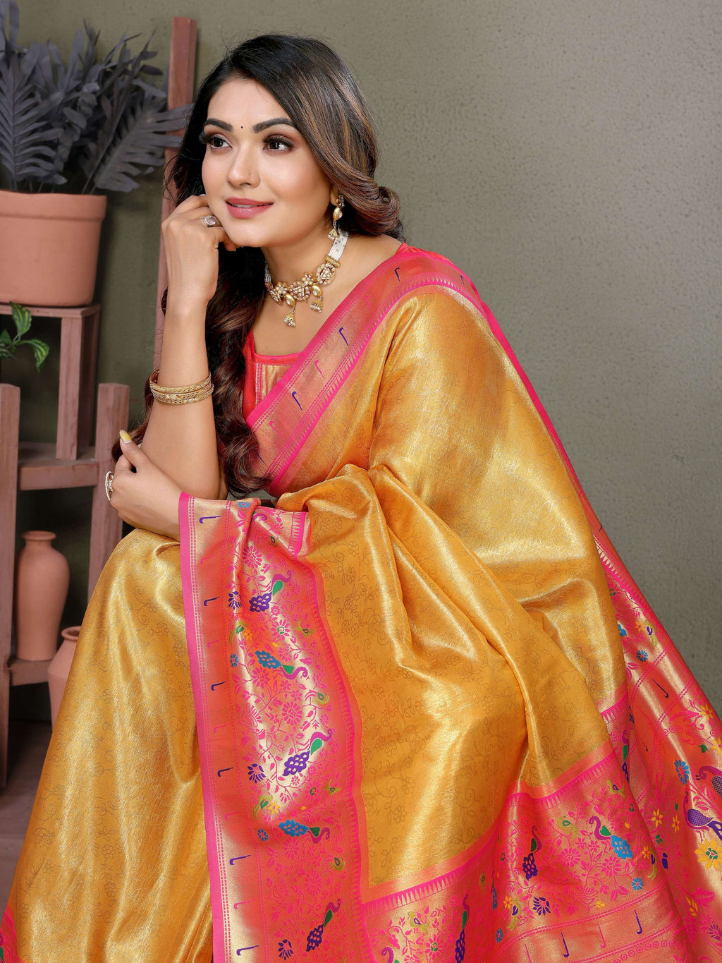 Aastha Fashion Yellow Tissue Silk Paithani Woven Saree