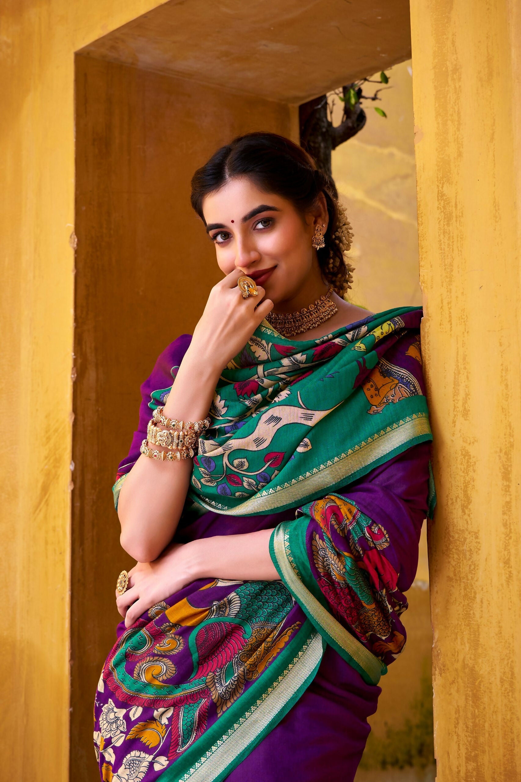 Vastranavya Purple Viscose Chanderi Kalamkari Print with Zari Working Saree & Unstitched Blouse