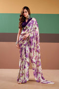 Vastranavya Purple Satin Silk Floral Printed Saree with Stitched Blouse