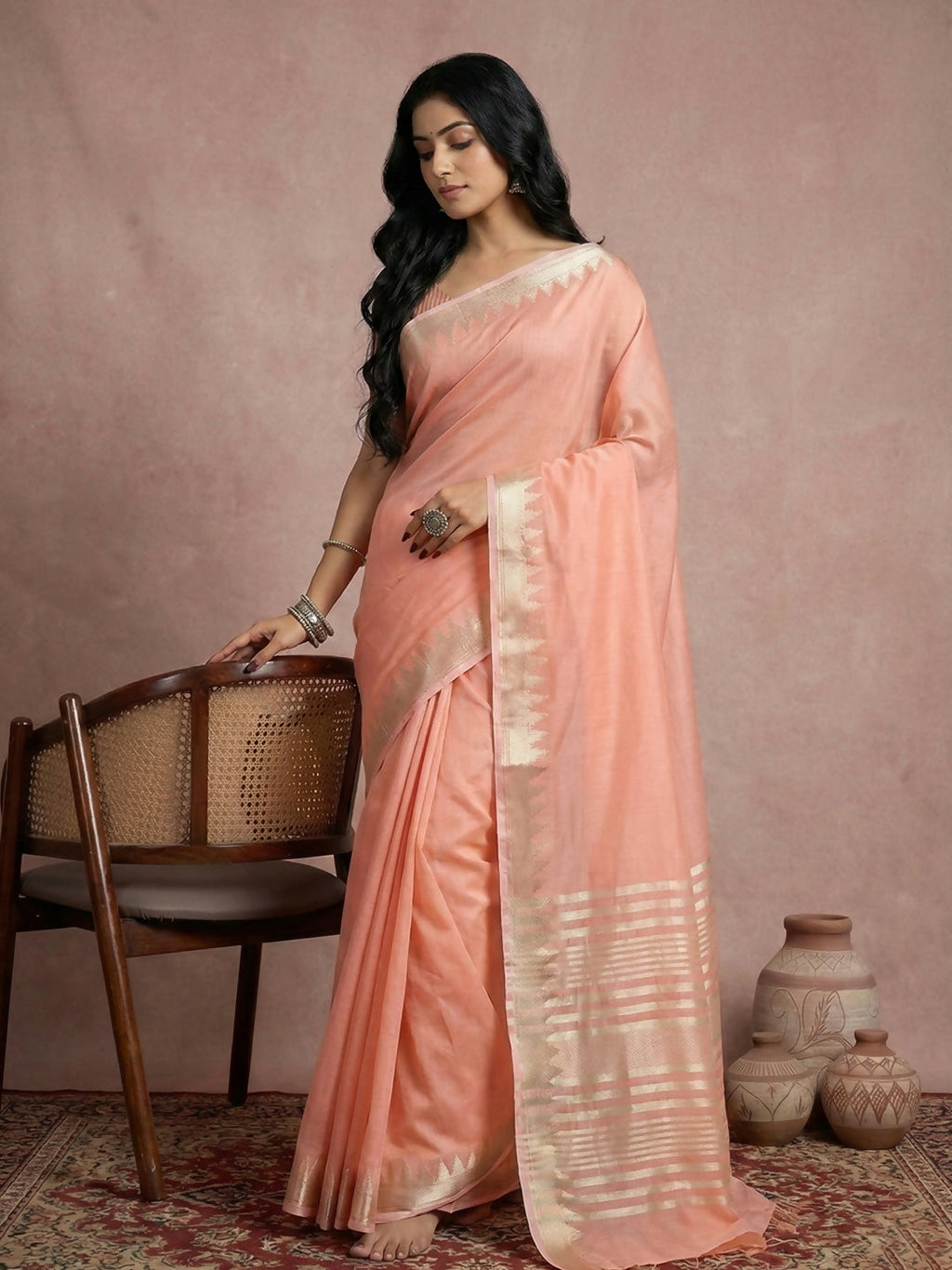 Shree Shyam Fashion Peach Cotton Saree