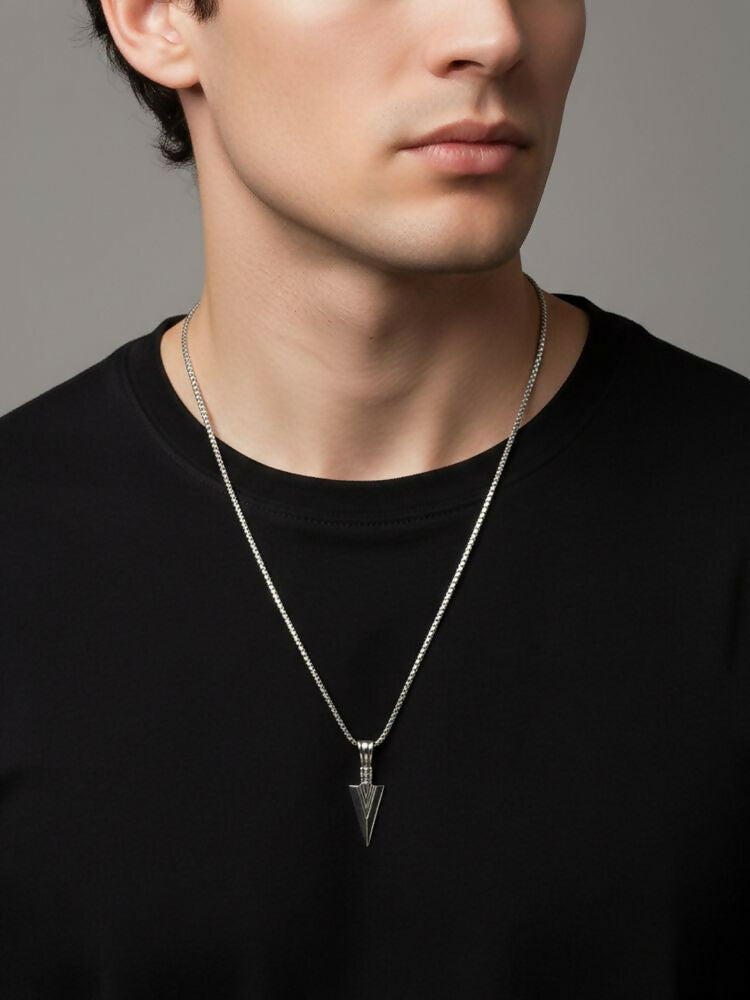 NVR Men's Arrow Shaped Silver Plated Pendant with Chain