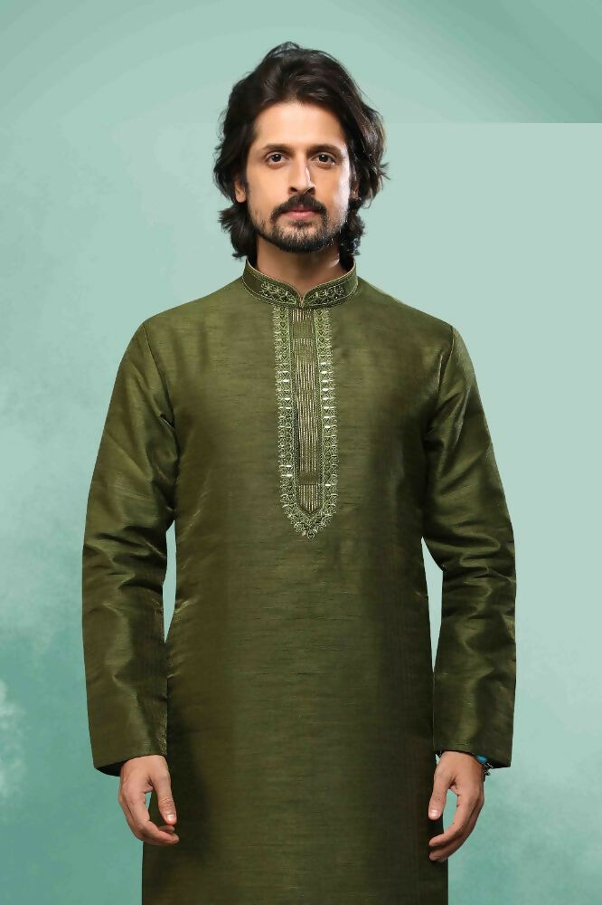 Raivat Ethnic Art Silk Mirror Embroidery Work Kurta Pajama In Green Colour