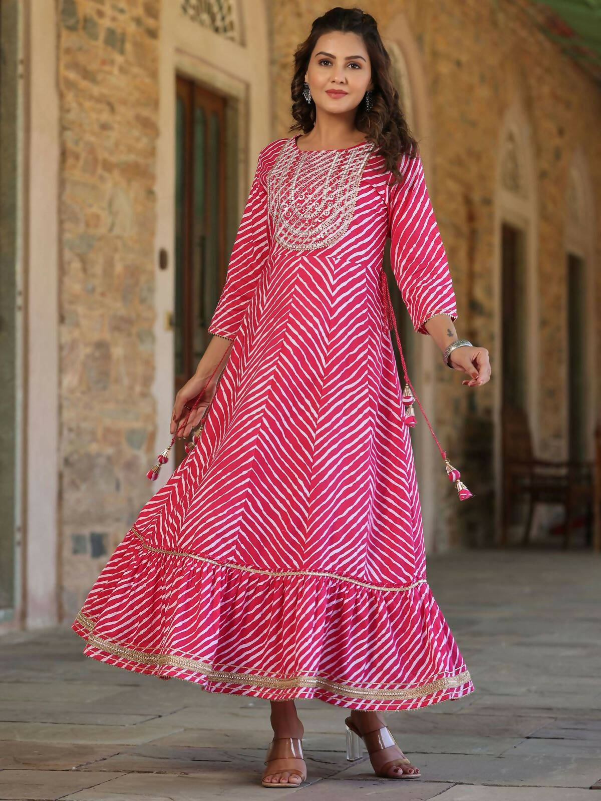 Juniper Women's Fuschia Printed Embroidered Mirror Work Sequin Cotton Flared Dress