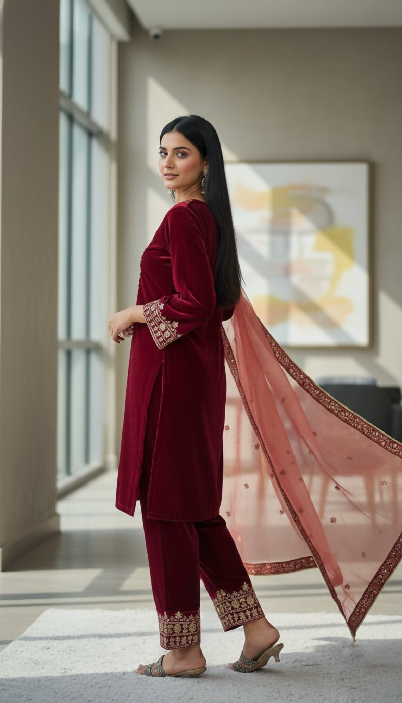 Joban Fashion Maroon Kurta Set Velvet Embroidery Sequence Work