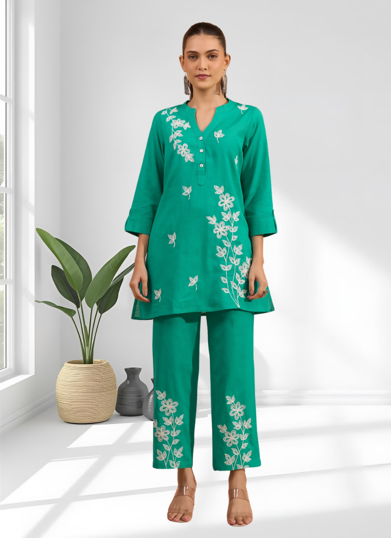 Joban Fashion Sea Green Cotton, Linen Embroidered Readymade Cord Set