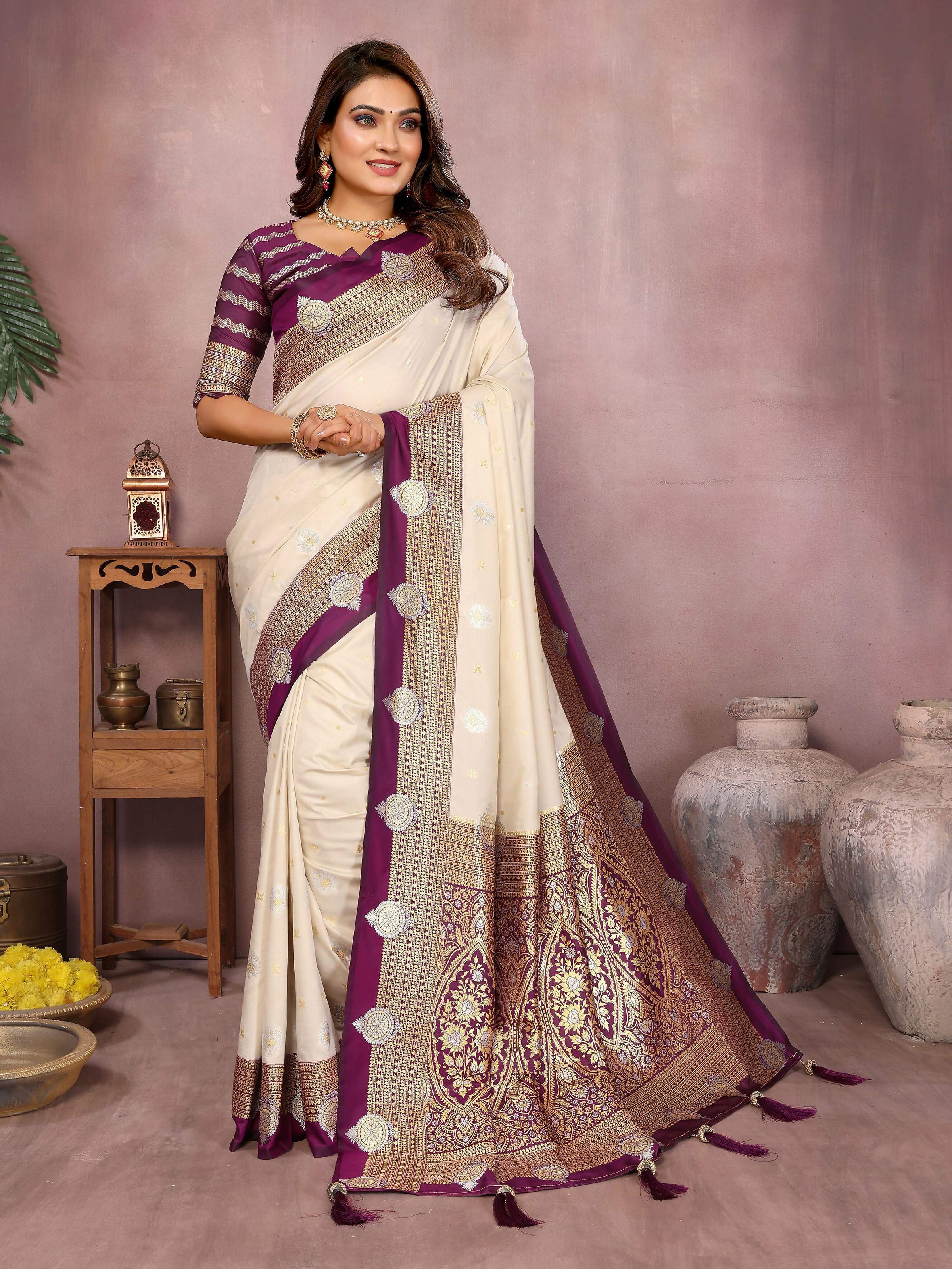 Aastha Fashion Cream Silk Sarees Weaving Saree