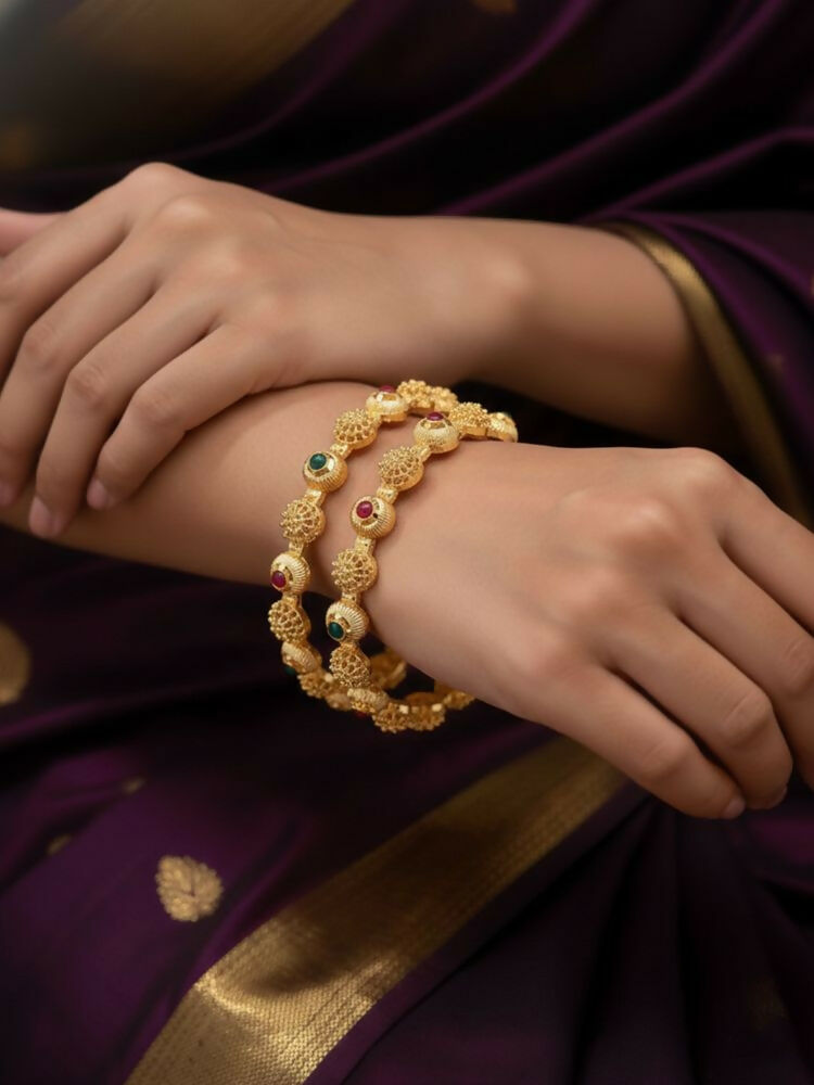 NVR Women Set of 2 Gold Plated Artificial Stone Bangle