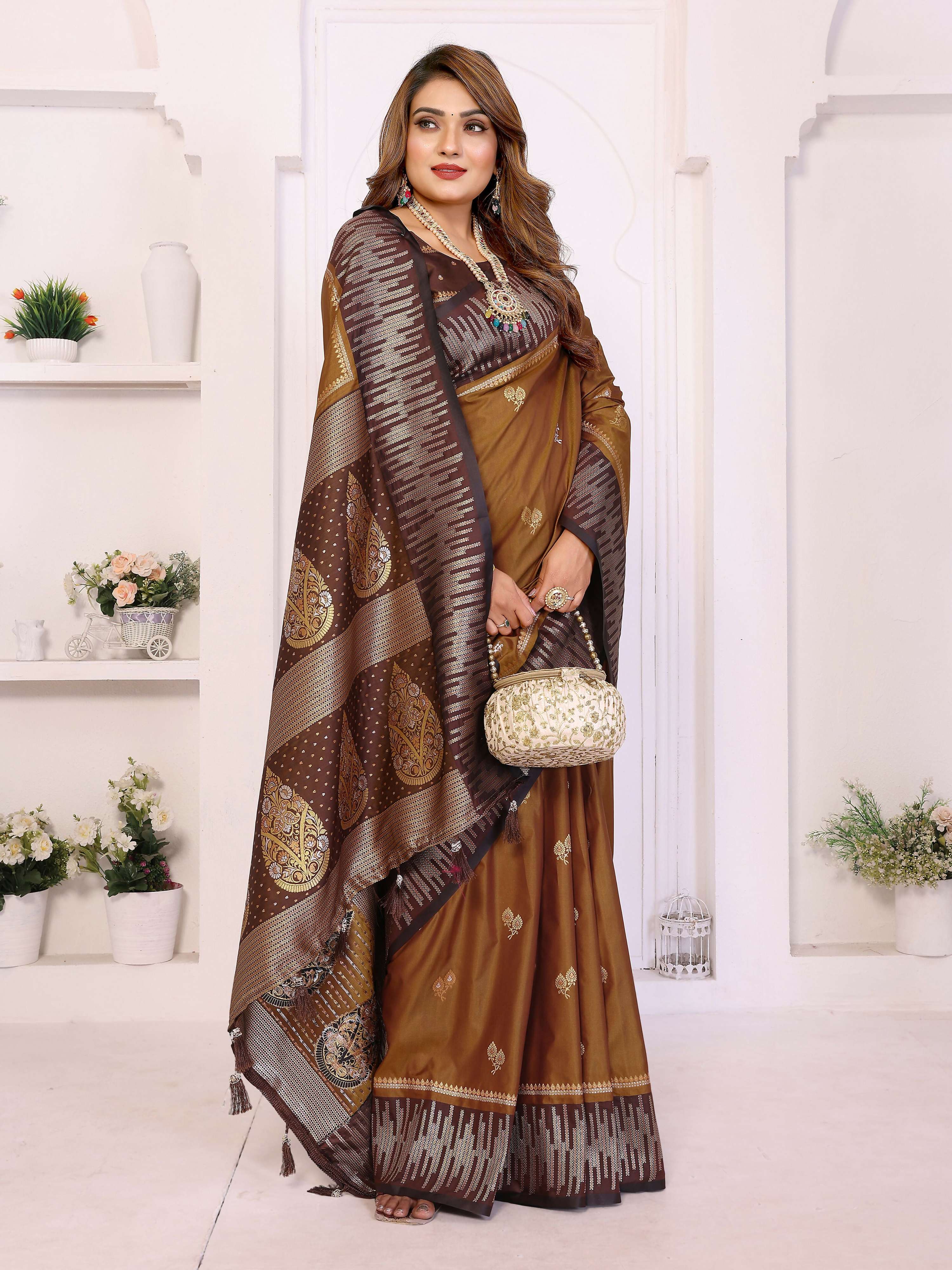 Aastha Fashion Brown South Soft Silk Zari Weaving Saree