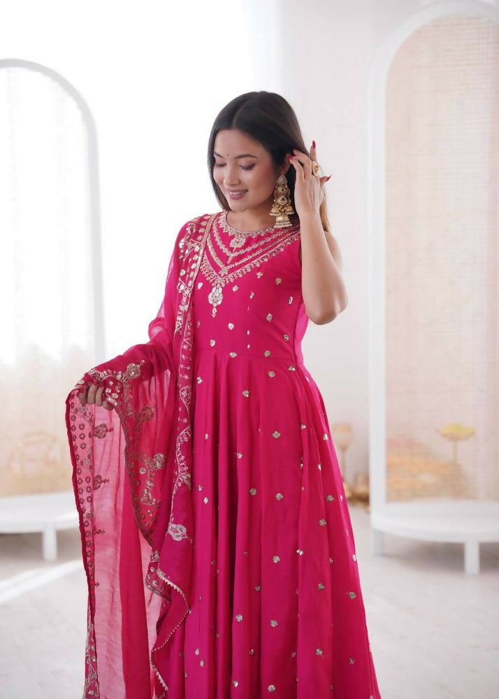 Teeya Creation Pink Color Roman Silk Embroidery Work Party Wear Gown