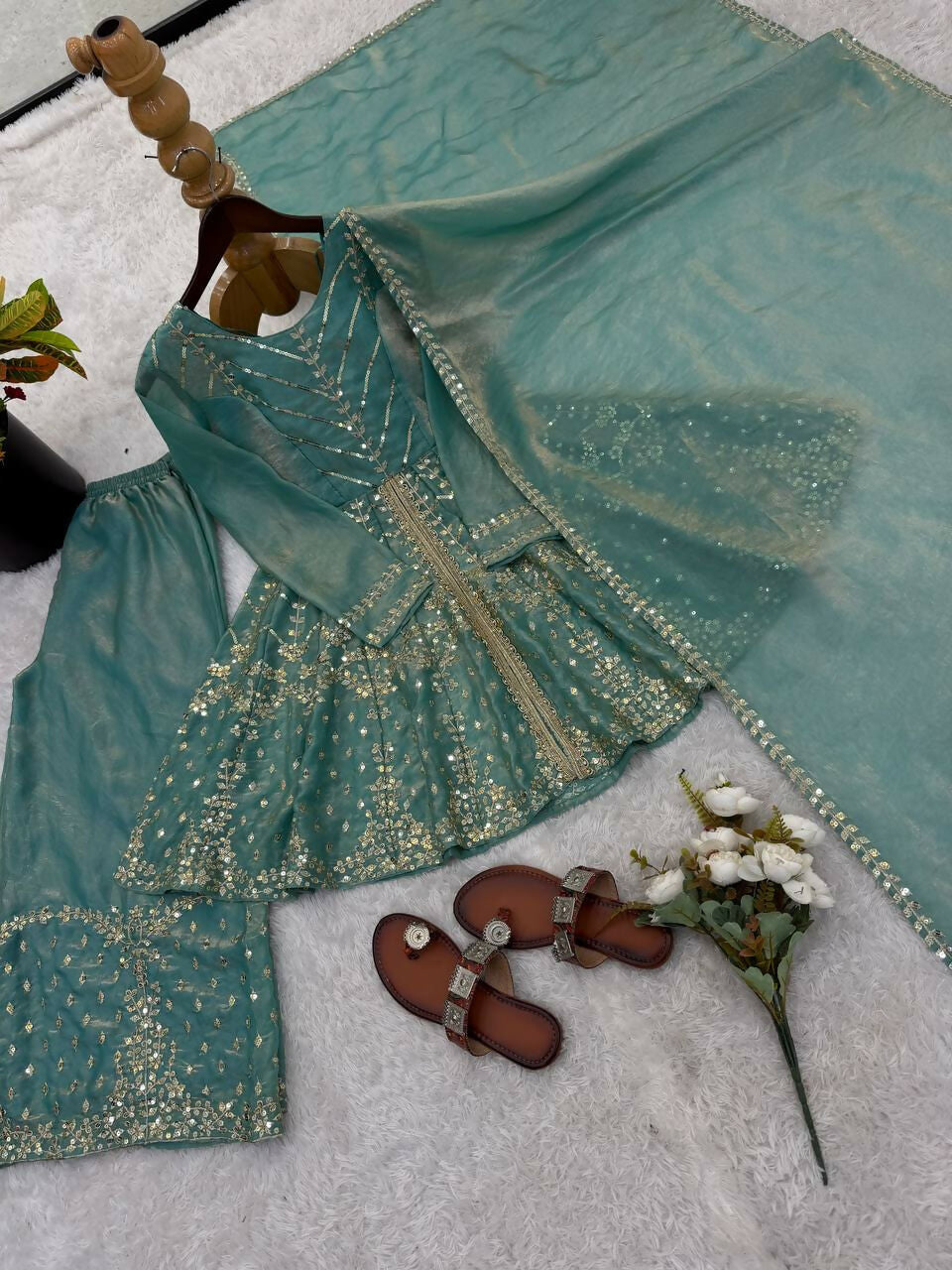 Teeya Creation New Womens Trendy Embroidery Sequence Work Teal Kurta Set