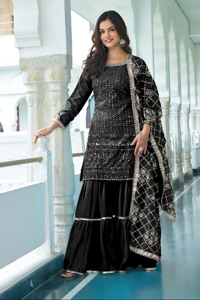 Teeya Creation Black Colour Chinnon Silk Heavy Embroidery Work Fully Stitched Salwar Suit
