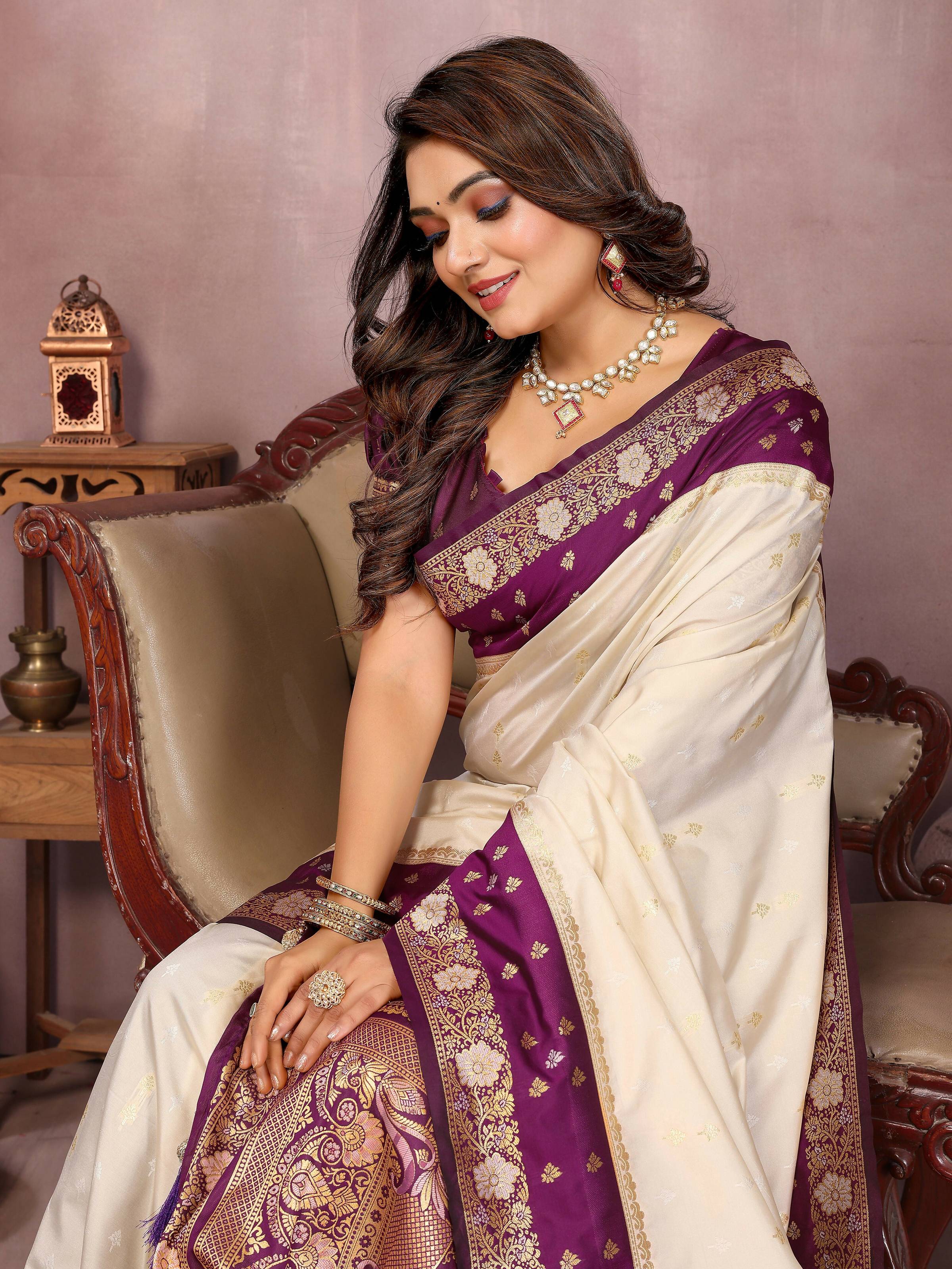 Aastha Fashion Cream Kalamkari Silk Zari Woven Saree