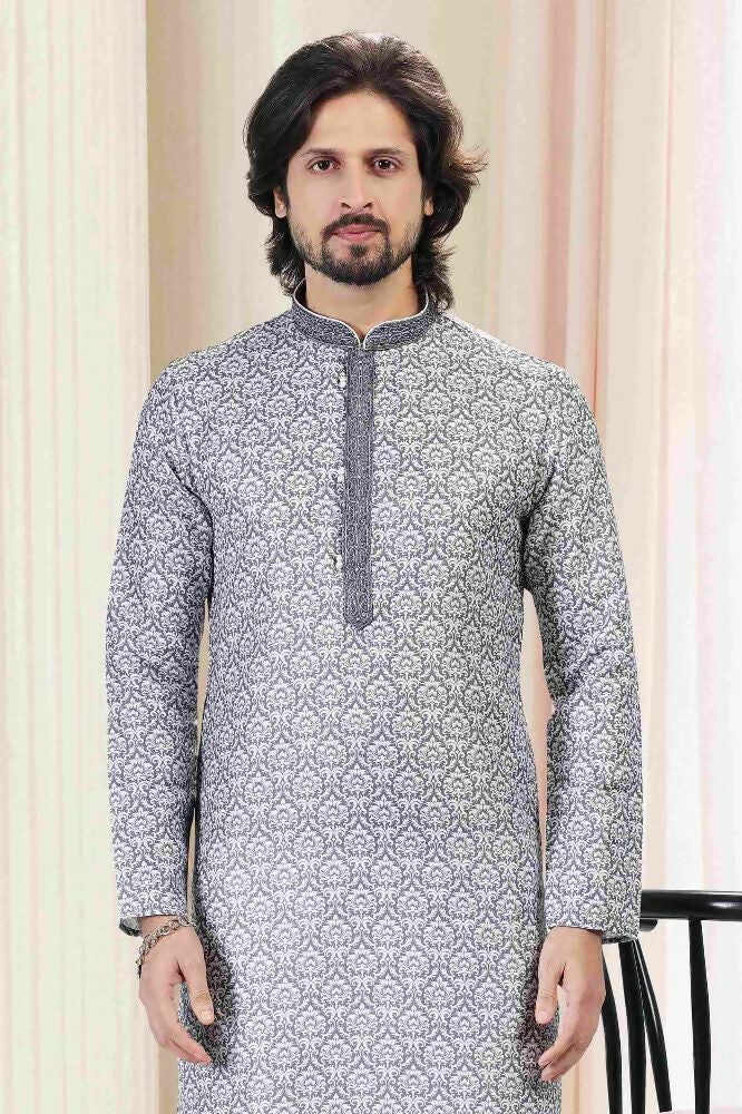 Raivat Ethnic Cotton Thread Work Kurta Pajama In Grey Colour