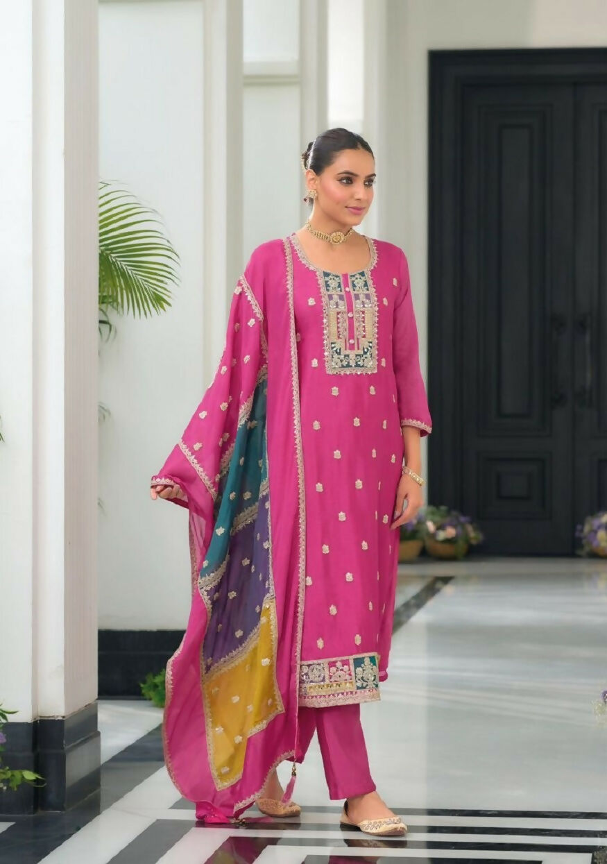 Teeya Creation Pink Color Chinon Silk Embroidery Work Wedding Wear Designer Salwar Suit