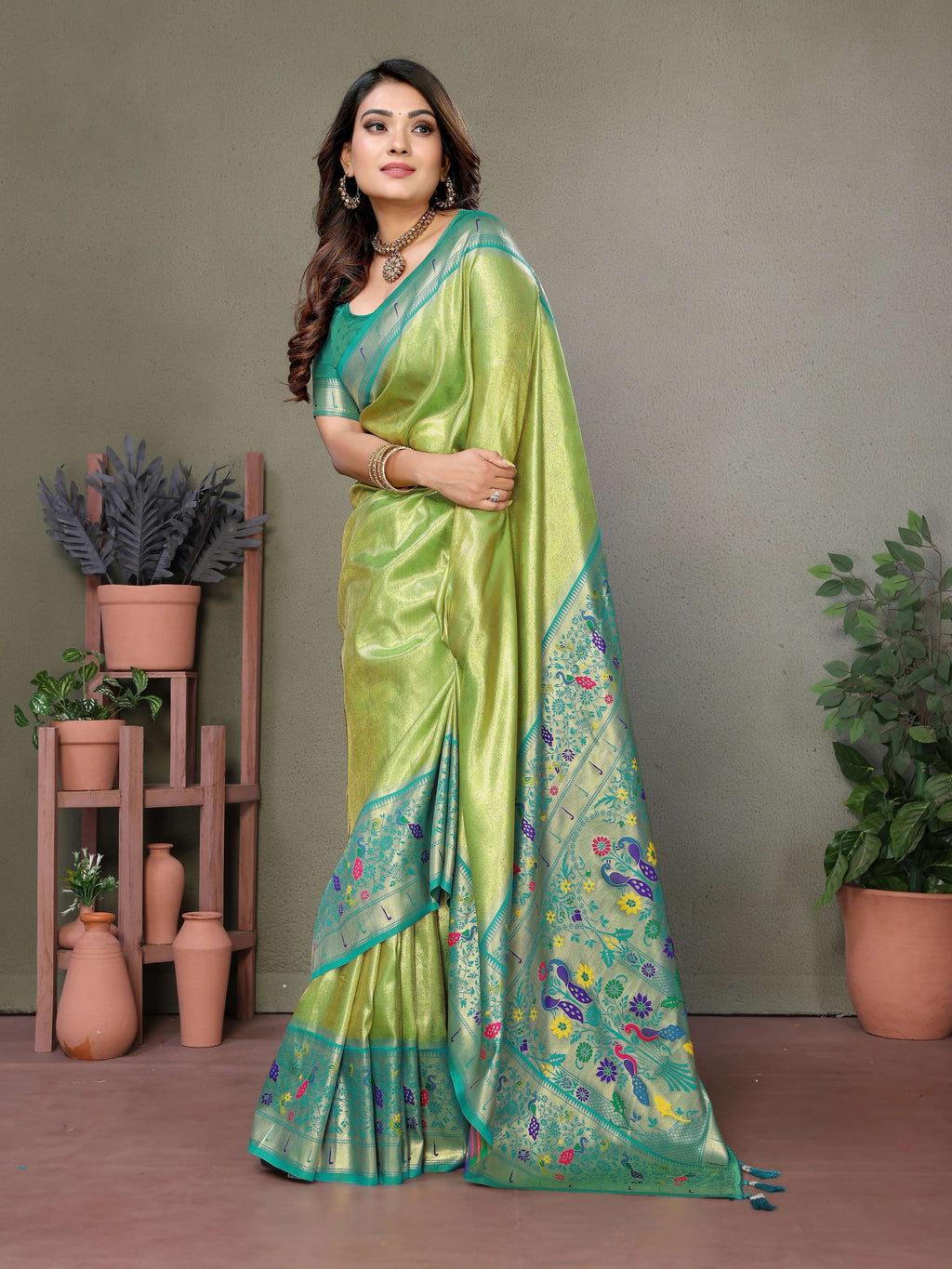 Aastha Fashion Pista Tissue Silk Paithani Woven Saree