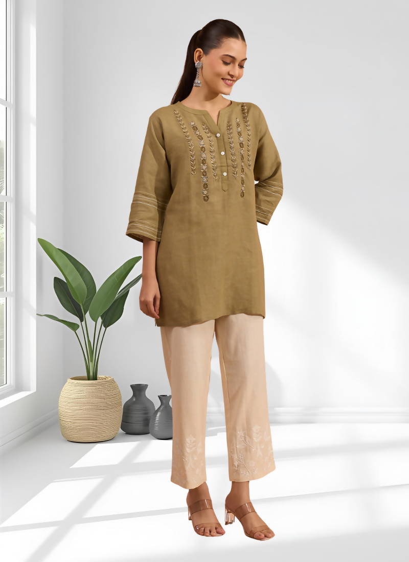 Joban Fashion Light Brown Linen Embroidered Readymade Tunic