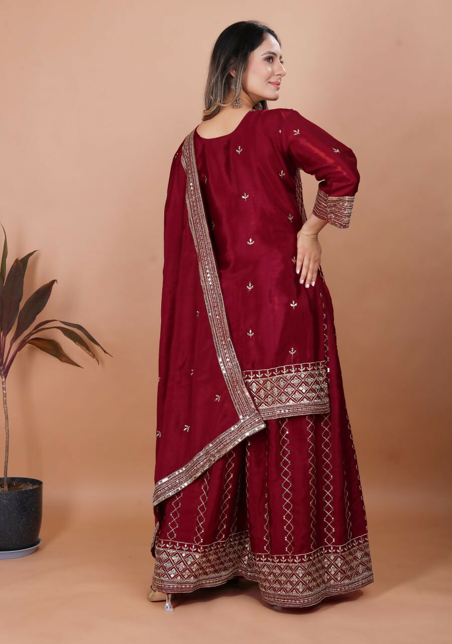 Teeya Creation Maroon Color Chinon Silk Embroidery Work Palazzo Set