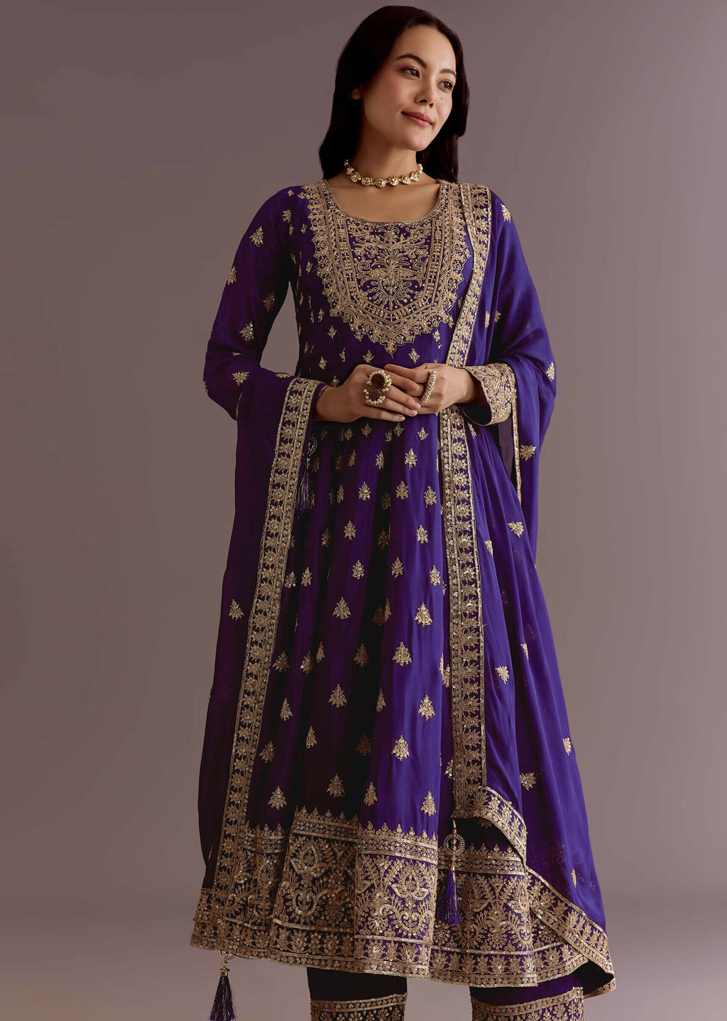 Teeya Creation Purple Color Chinnon Silk Embroidery Work Gown