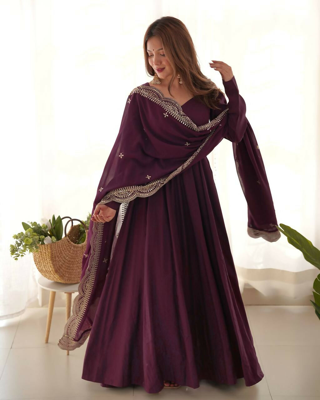 Lehenga Mart Designer Anarkali Suit With Kurta, Pant, Dupatta For Women-Wine