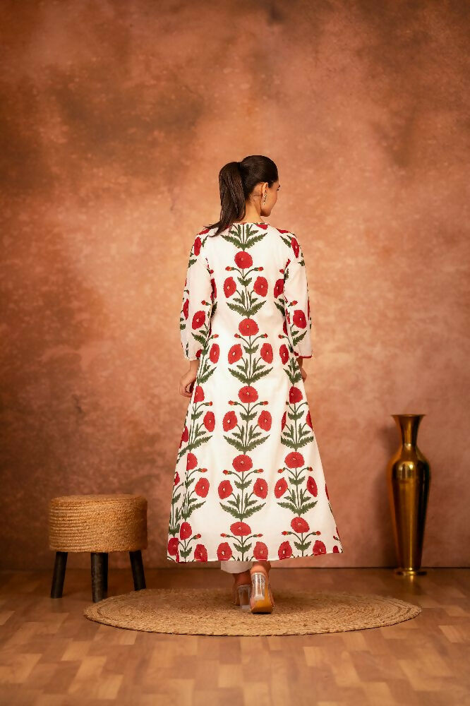 Joban Fashion Red Rose Floral Hand Block Printed Cotton Kurta Pant Set