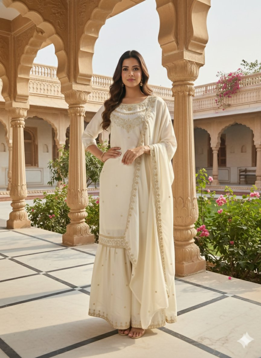 Teeya Creation Cream Color Fendy Satin Silk Heavy Embroidery Work Sharara Suit