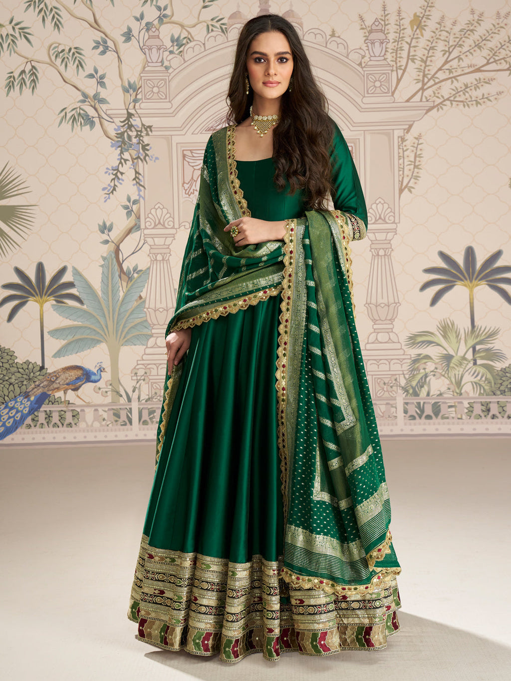 Evanik Women Green Embroidered Design Wedding Gown with Dupatta