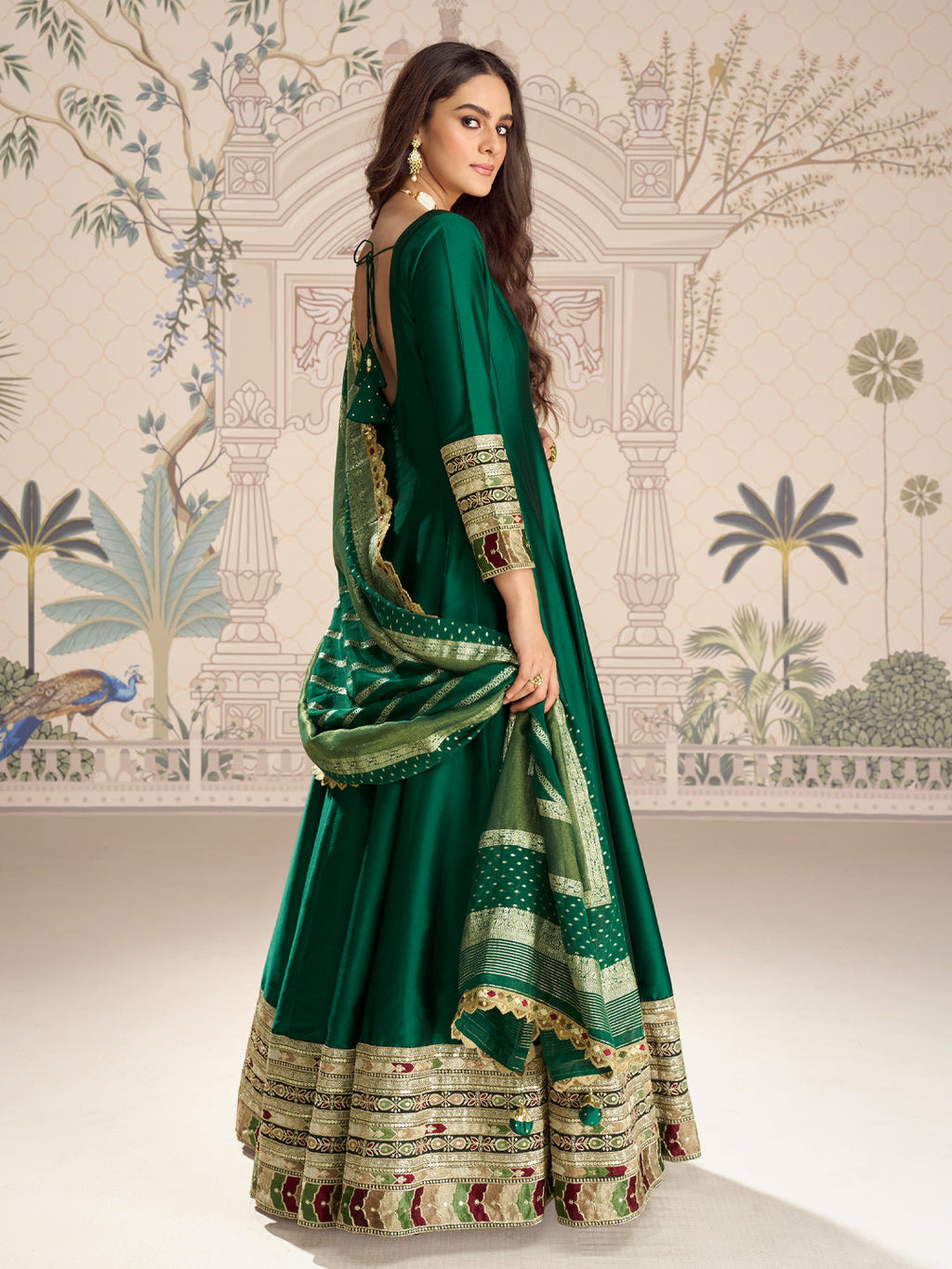 Evanik Women Green Embroidered Design Wedding Gown with Dupatta