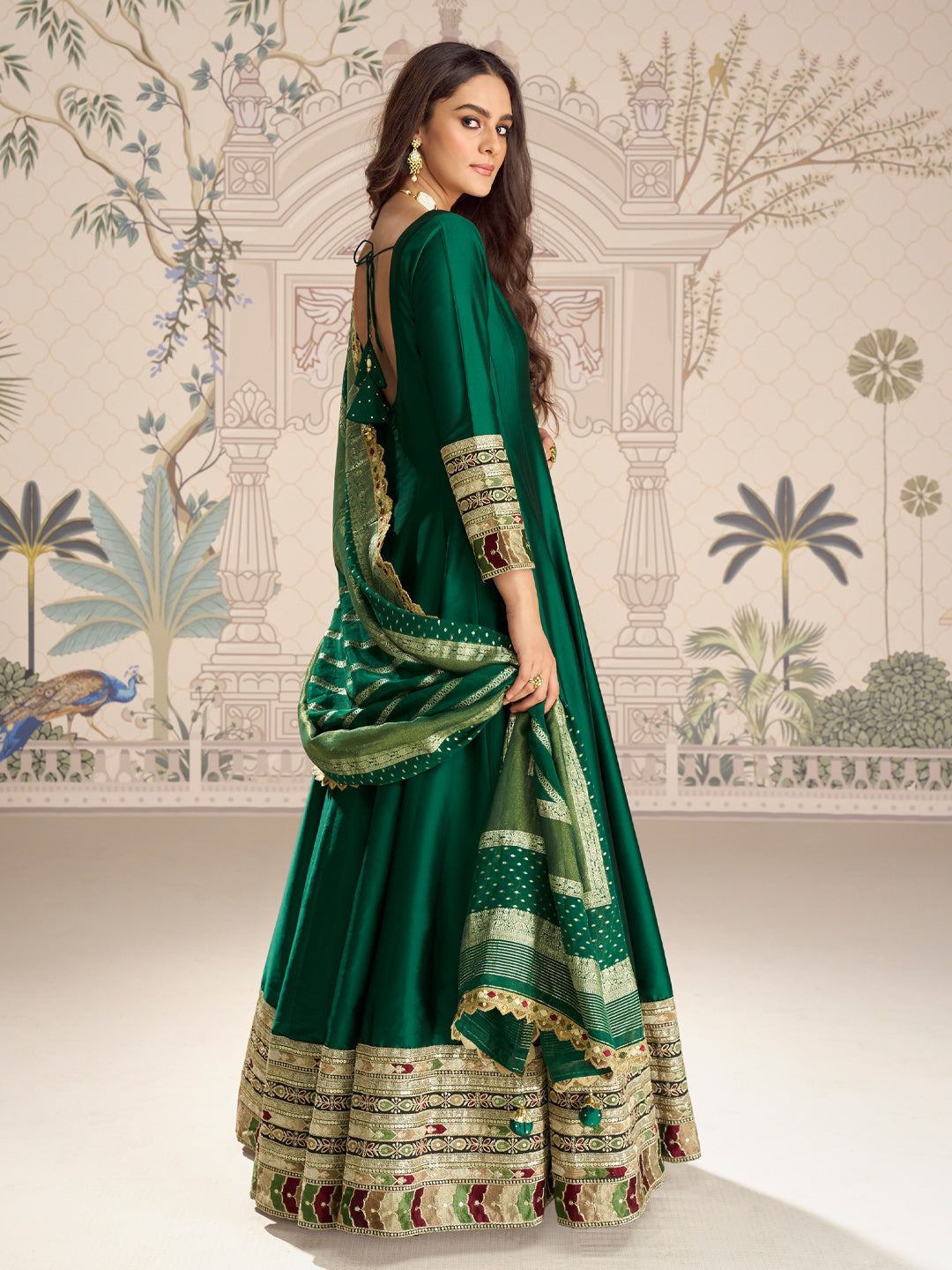 Evanik Women Green Embroidered Design Wedding Gown with Dupatta
