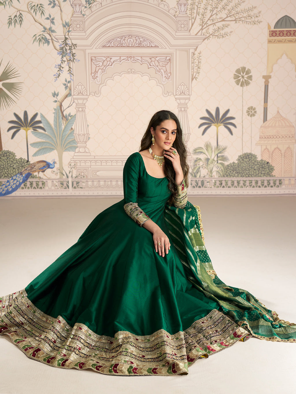 Evanik Women Green Embroidered Design Wedding Gown with Dupatta