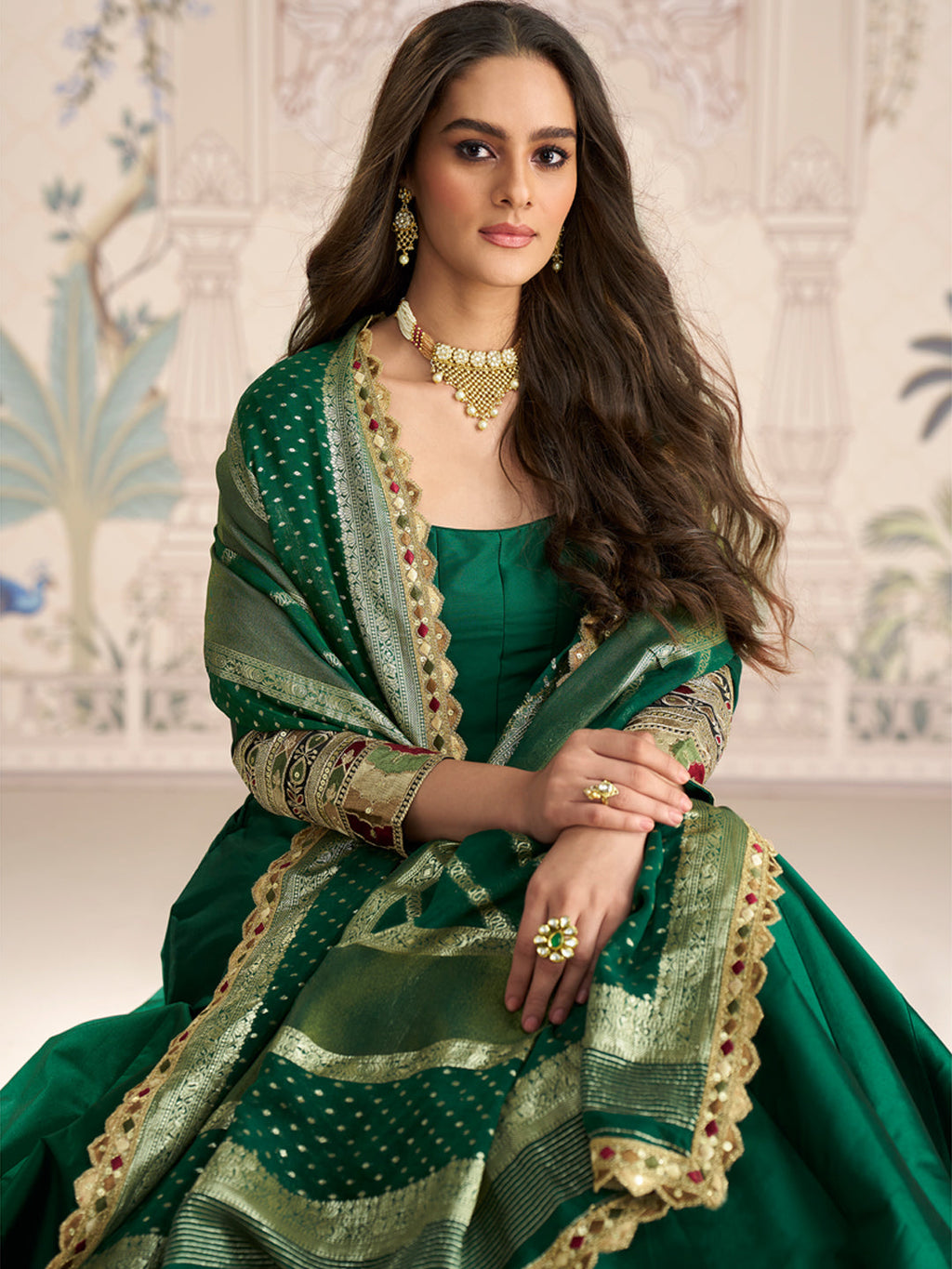 Evanik Women Green Embroidered Design Wedding Gown with Dupatta