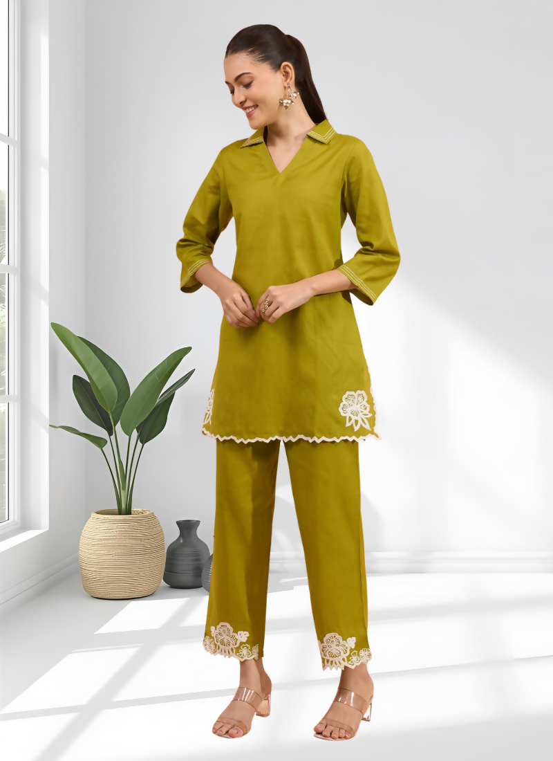 Joban Fashion Green Cotton, Linen Embroidered Readymade Cord Set
