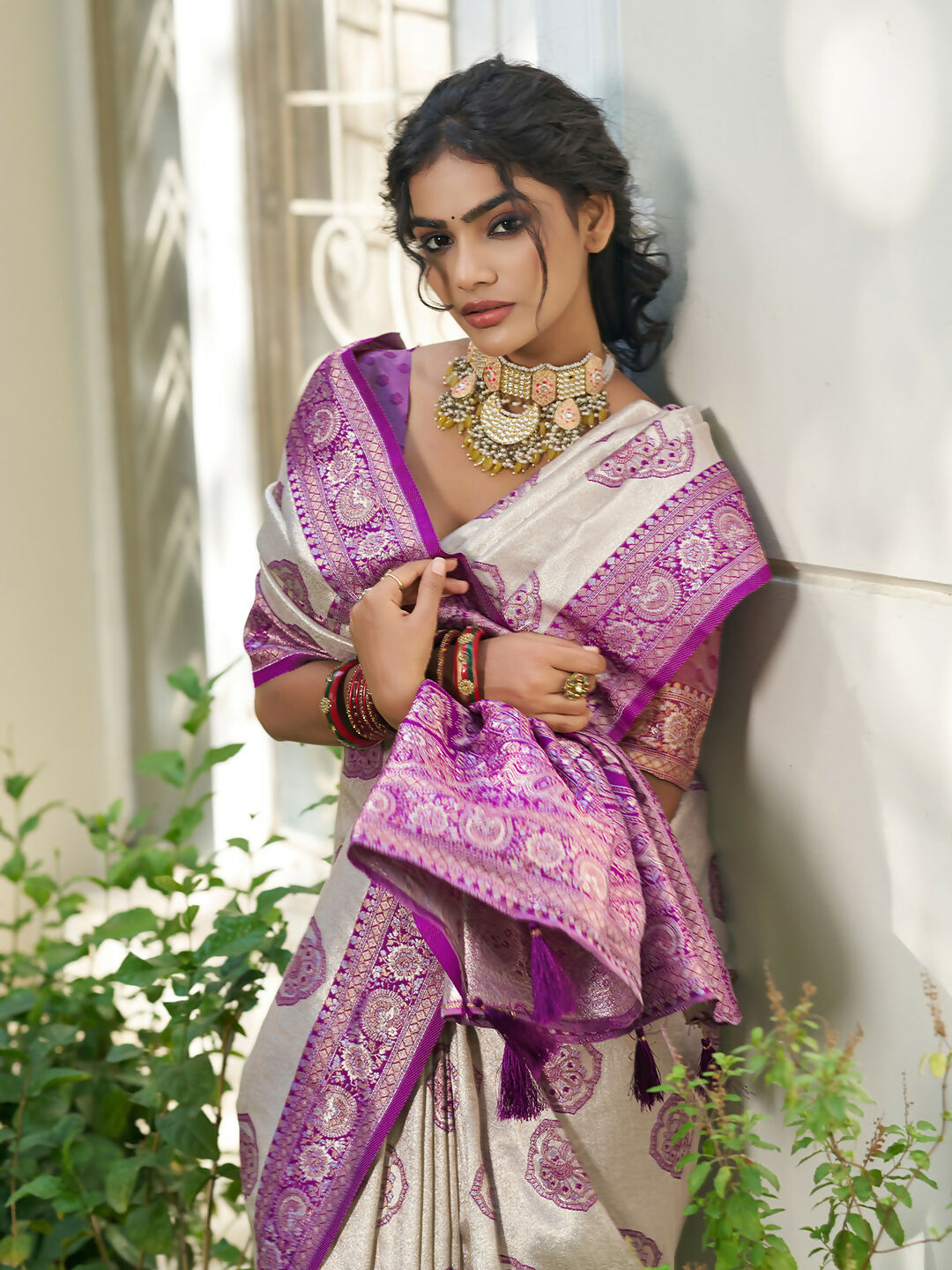 Shree Shyam Fashion Cream With Purple Silk Blend Saree