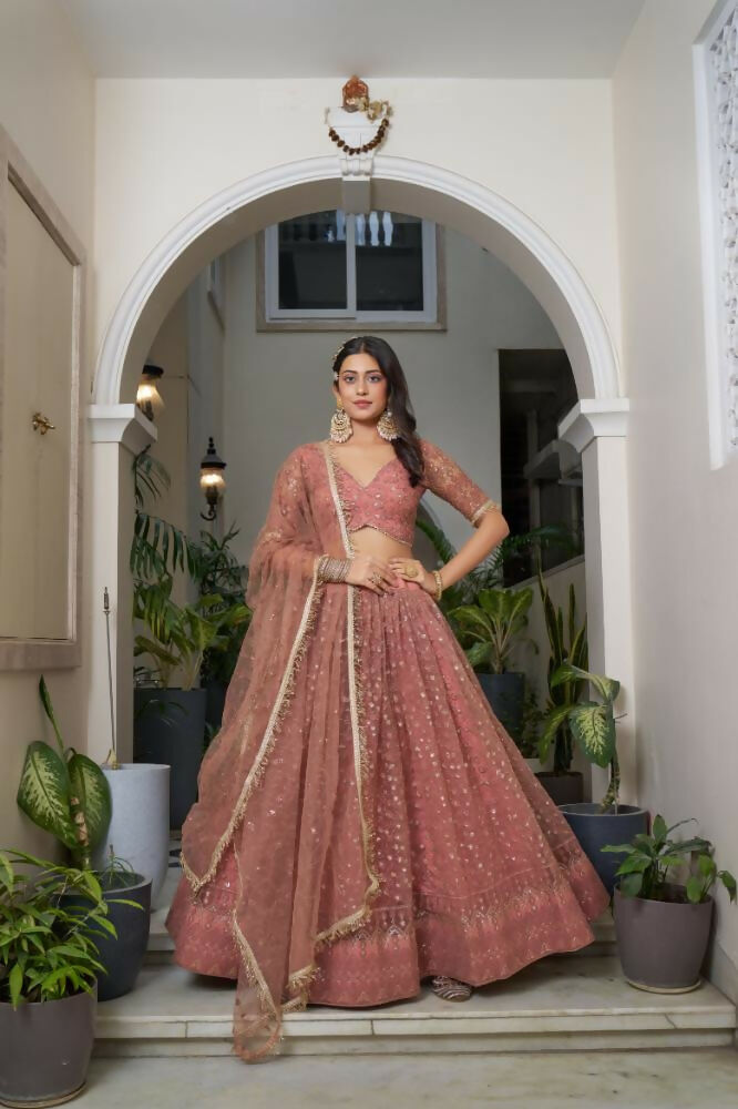 Aastha Fashion Rust Butterfly Net Tone To Tone Cotton Thread Work And Sequence Work Embroidery Wedding Wear Lehenga Choli