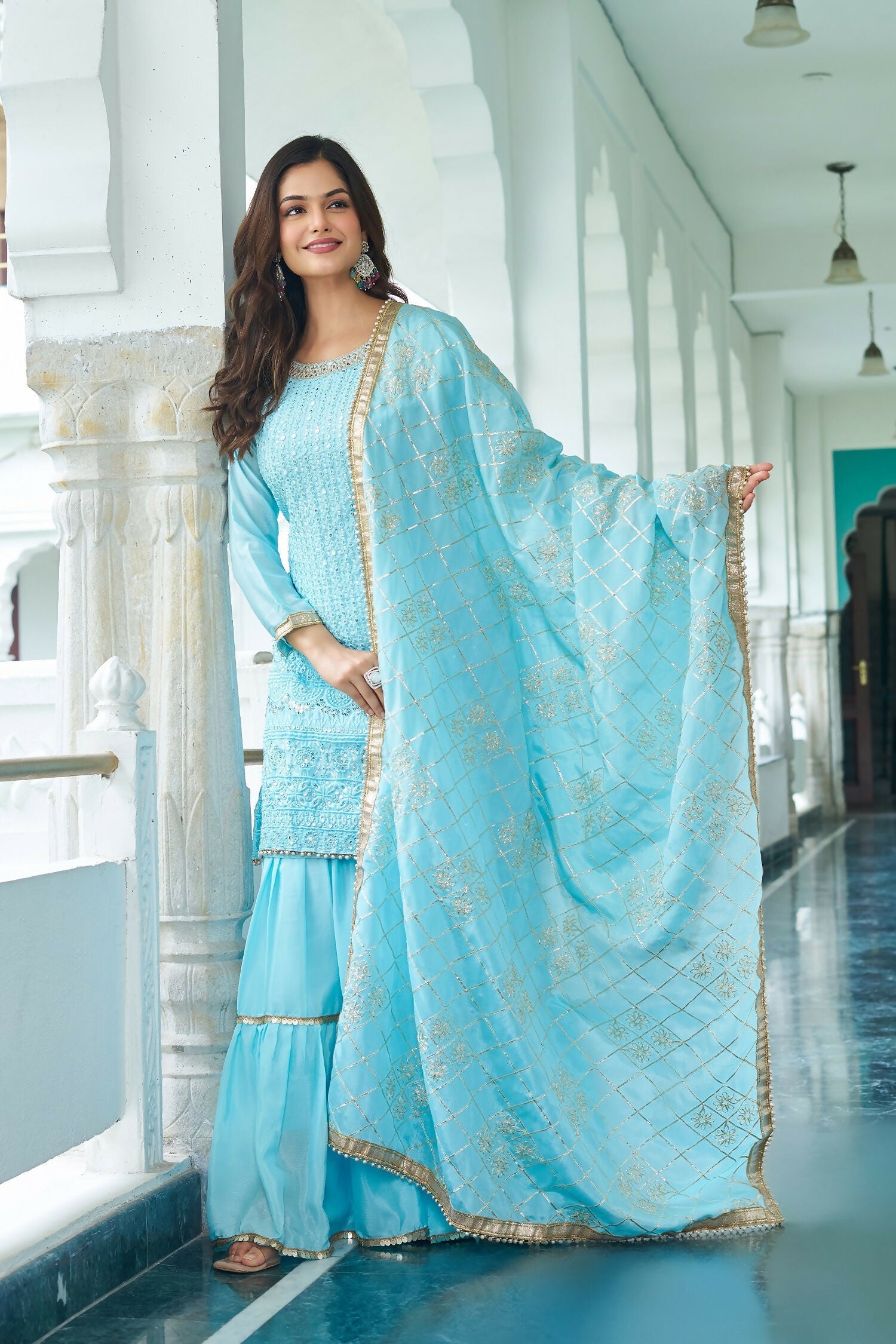 Joban Fashion Sky Blue Kurta Set Chinon Silk Embroidery Sequence Work