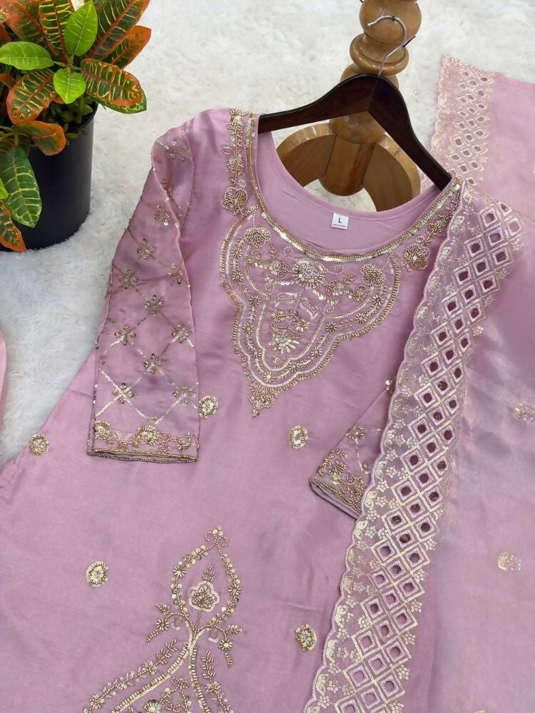 Teeya Creation Onion Color Gimmychu Silk Embroidery Work Wedding Wear Salwar Suit