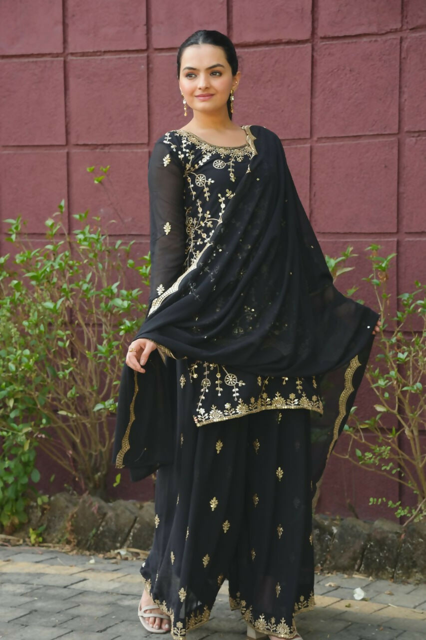 Teeya Creation Black Color Faux Georgette Embroidery Work Wedding Wear Palazzo Set