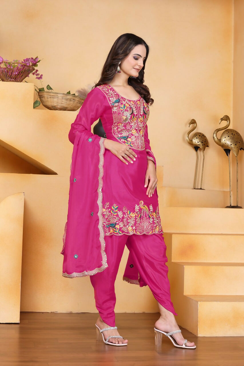Teeya Creation Pink Color Chinon Silk Party Wear Punjabi Dhoti Suit