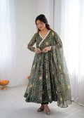 Teeya Creation Green Soft Organza Digital Printed Functional Wear Trending Long Gown