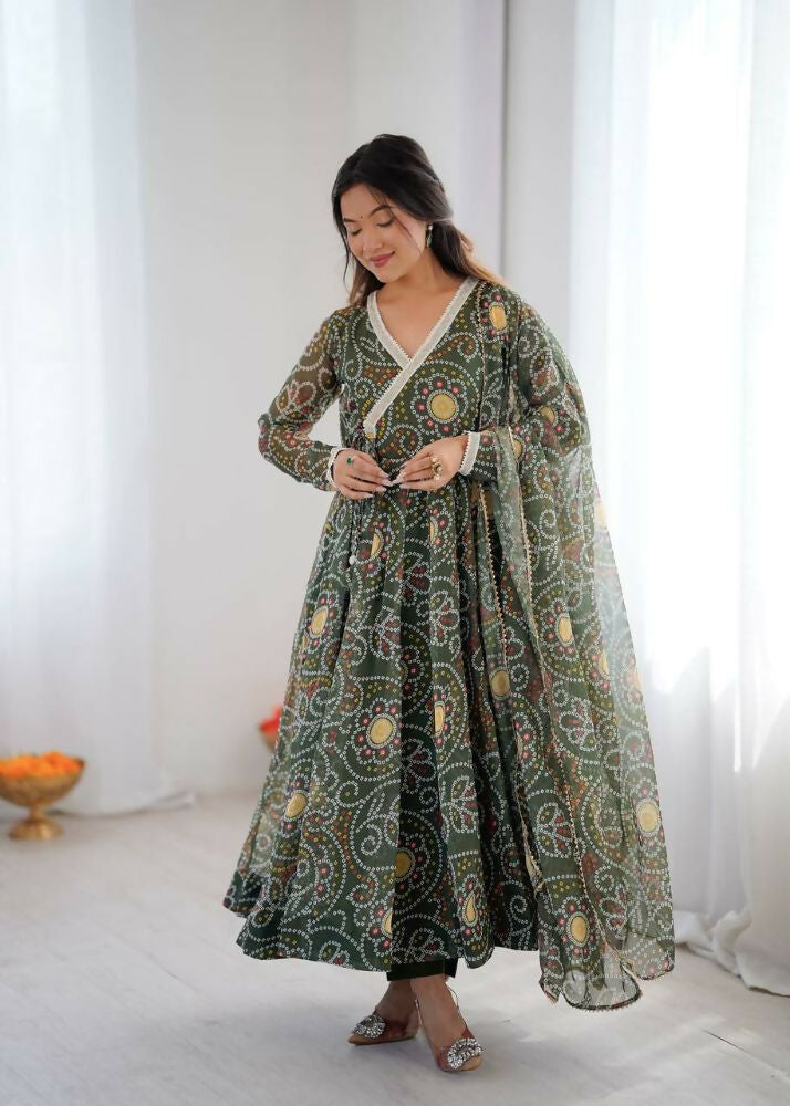 Teeya Creation Green Soft Organza Digital Printed Functional Wear Trending Long Gown