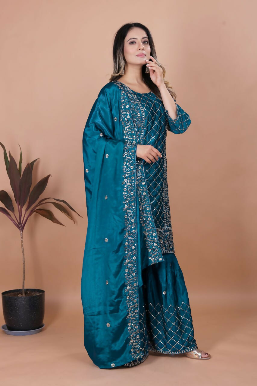 Teeya Creation Teal Color Chinon Silk Embroidery Work Sharara Set