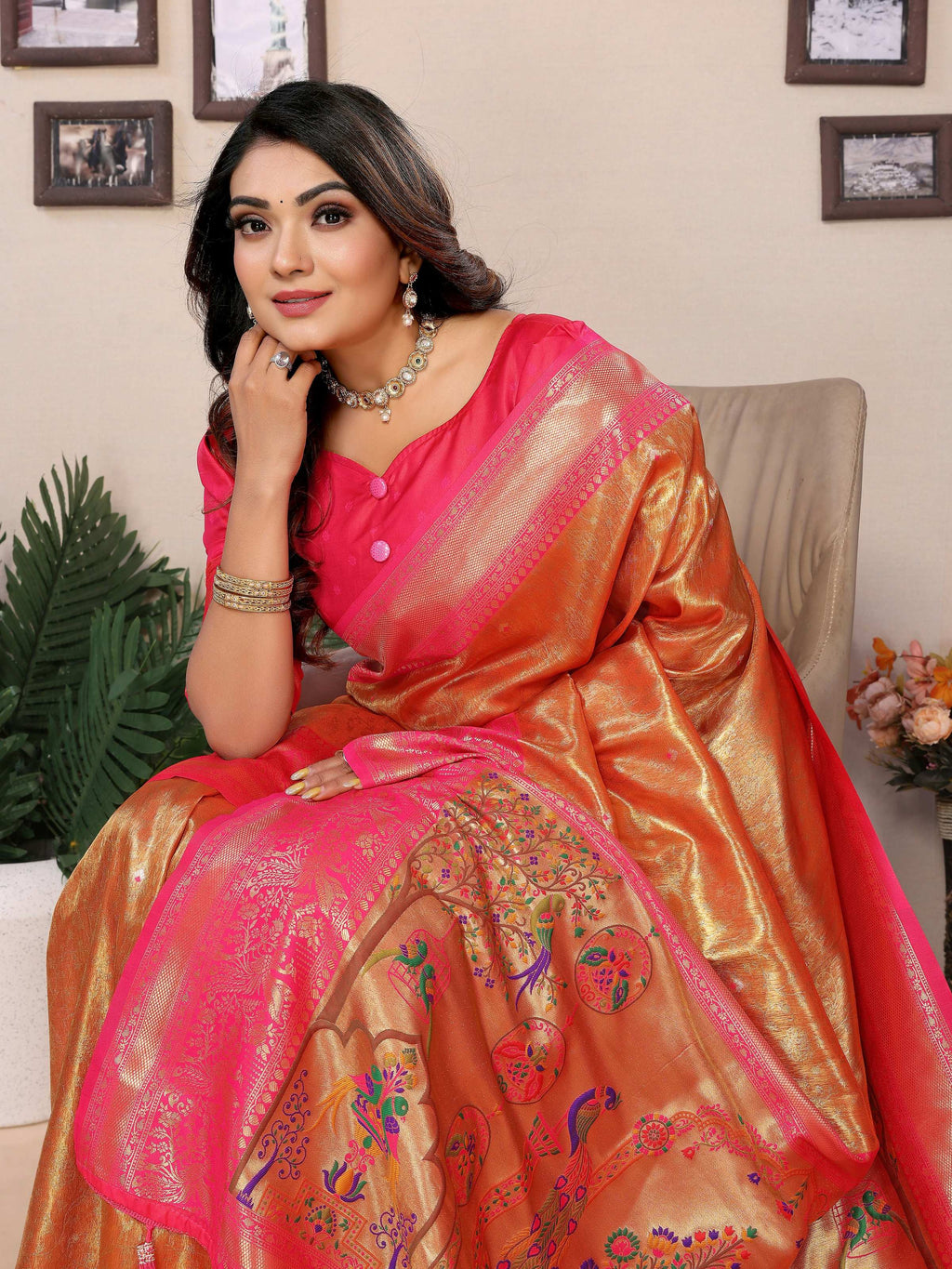 Aastha Fashion Orange Tissue Silk Weaving Saree