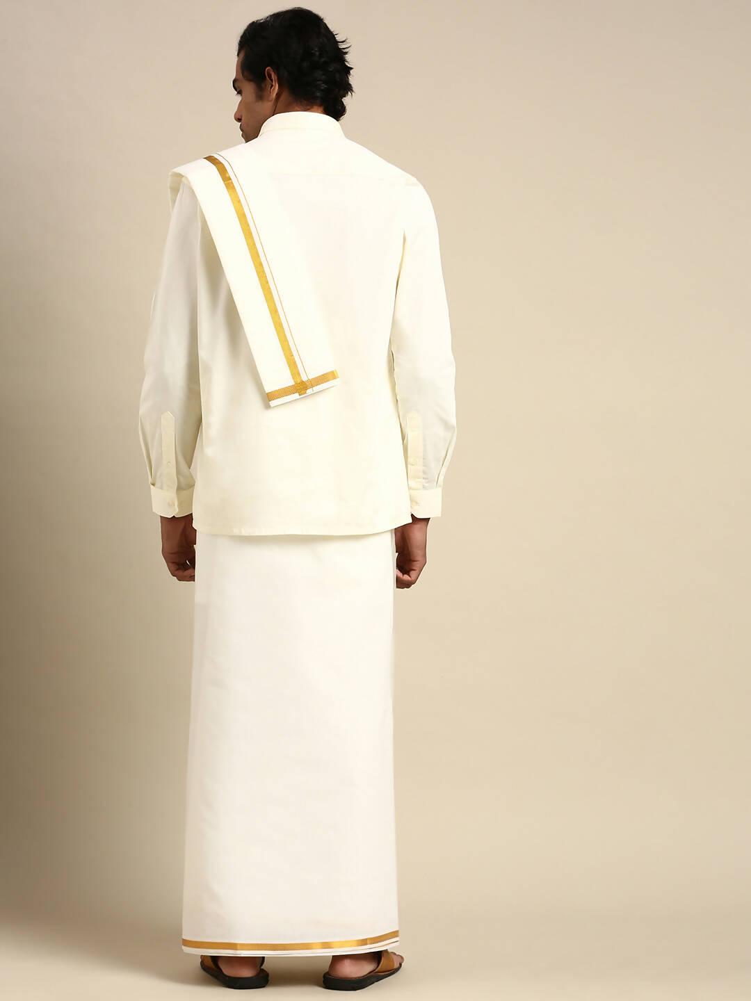 Ramraj Cotton Mens Premium Wedding Cream Dhoti with shirt Bit & Towel Set