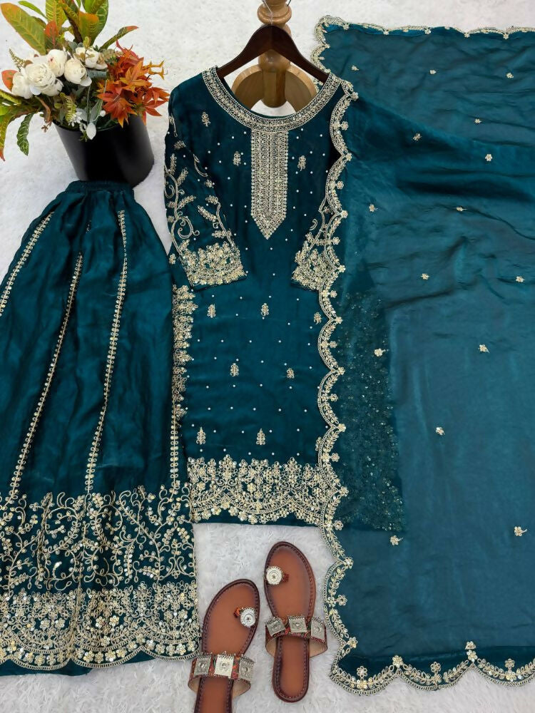 Teeya Creation Teal Color Fendy Silk Embroidery Work Wedding Wear Salwar Suit