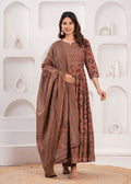 Jaimini Women Cotton Printed Round Neck Calf Length Flared Kurta Pant And Dupatta Set