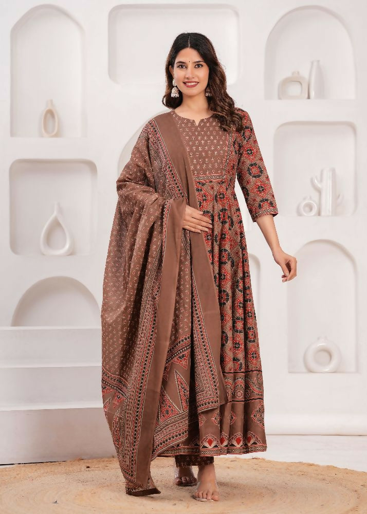 Jaimini Women Cotton Printed Round Neck Calf Length Flared Kurta Pant And Dupatta Set