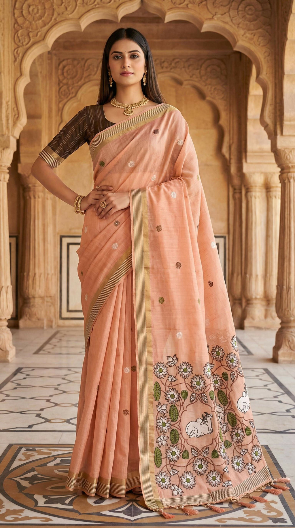 Vastranavya Peach Muga Cotton Meenakari & Azarakh Pallu Saree with Contrast Blouse